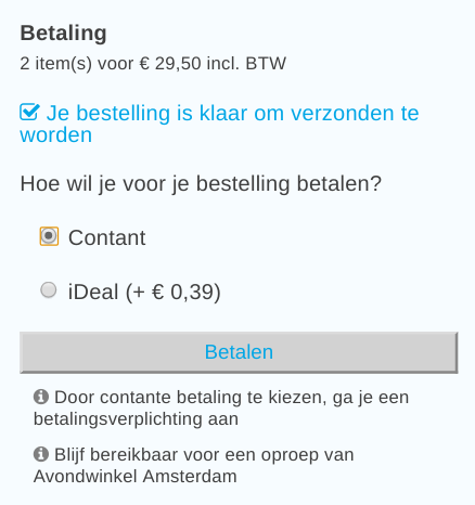 Betaal contant of via iDeal voor je bestelling op Avondzaak.nl